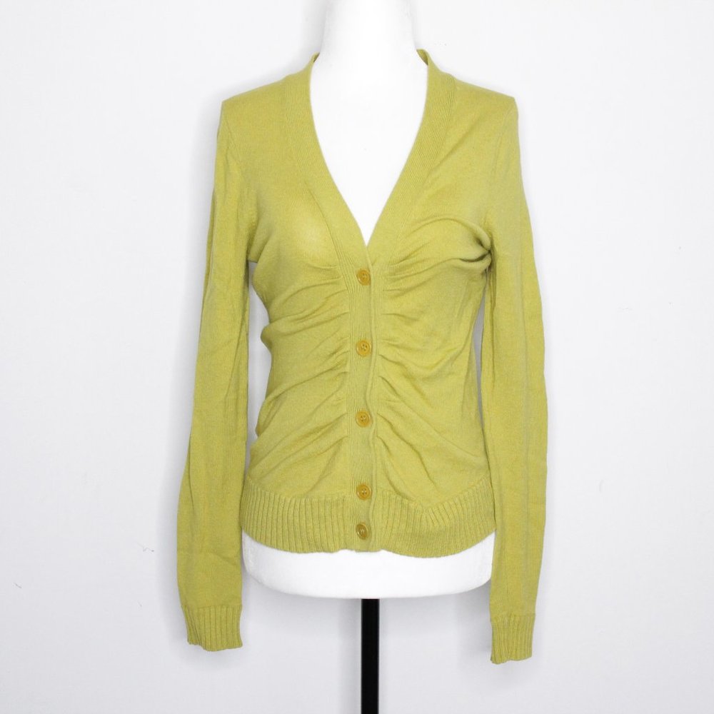 BCBGMAXAZRIA Mustard Green Draped Cardigan Button Down Sweater Size S